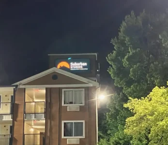 Illuminated storefront signage for hotel